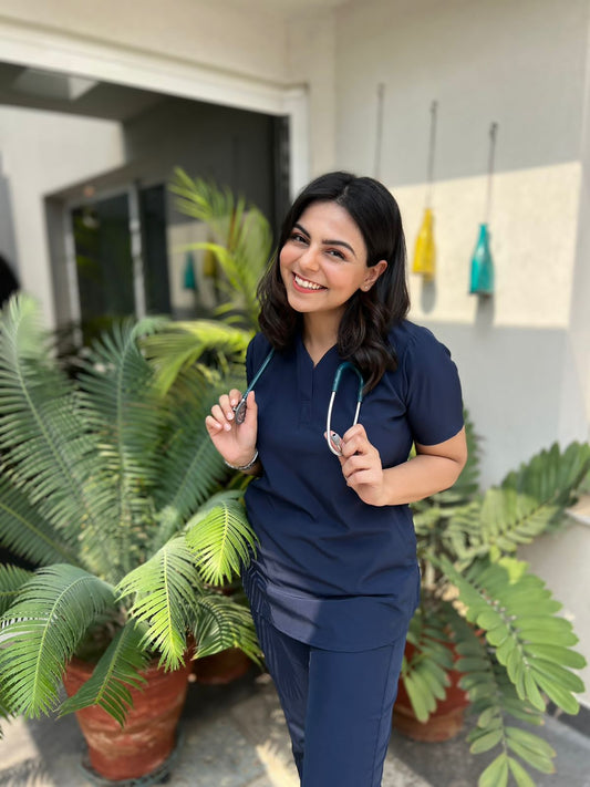 Cotton Edit: Female Collar Tunic Navy Blue with Jogger Trousers (Small)