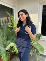 Cotton Edit: Female Collar Tunic Navy Blue with Jogger Trousers (Small)