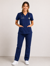 Navy Blue Female V-Neck Scrub Set