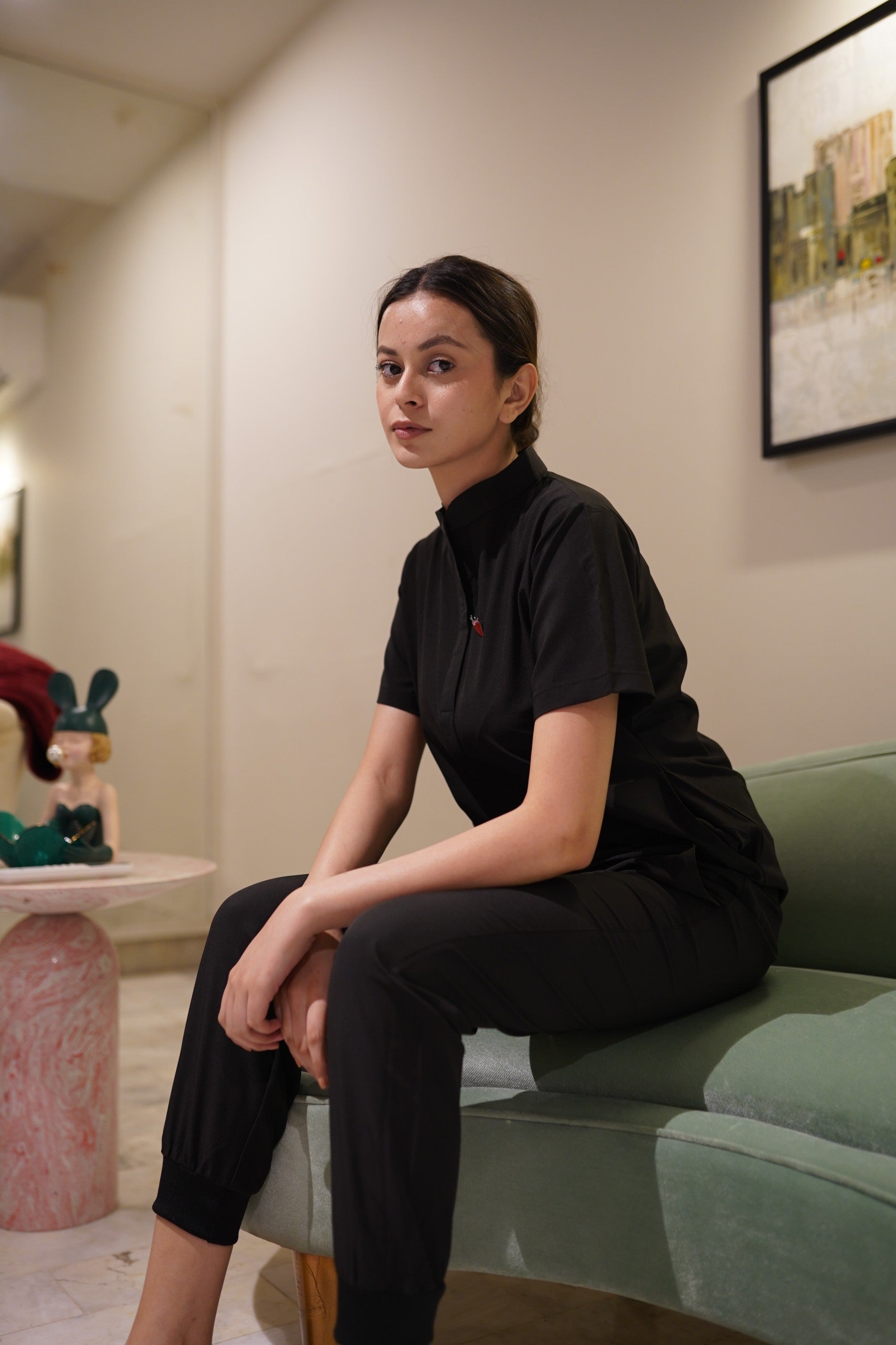 Cotton Edit: Female Collar Tunic Black with Jogger Trousers (Small)